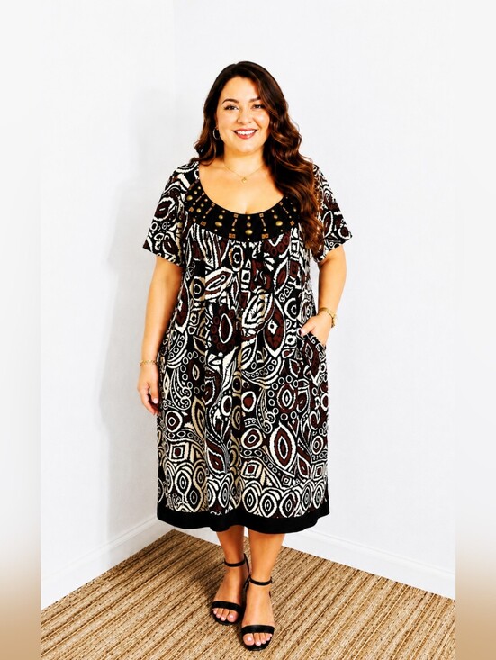 Robbie Bee Dresses & Skirts - Robbie Bee Black, White & Brown Patterned Midi-Dress, Studded Scoop, Size 24W